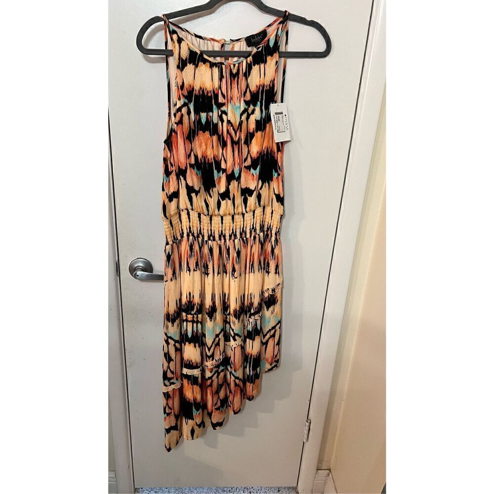 Belldini Peach Multi Color Smocked Dress Asymmetrical Womens SZ Petite L New